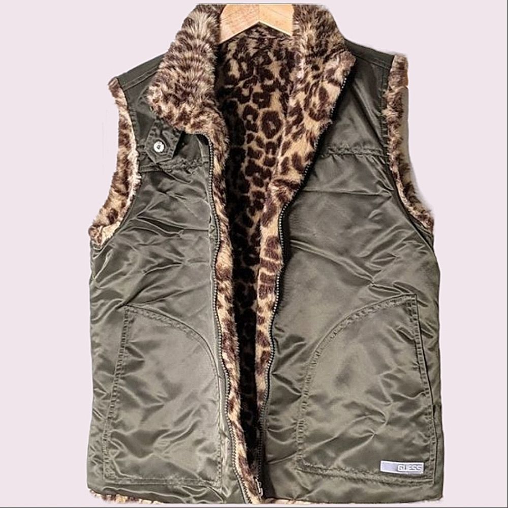 Vintage Guess Reversible Faux Leopard Army Green Nylon Zip Up Vest size S/M - Picture 4 of 12